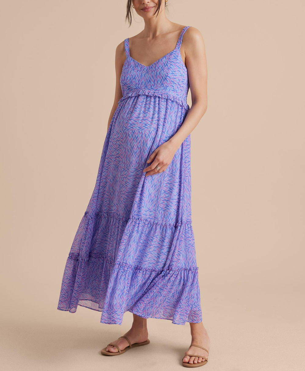 HATCH X A Pea In The Pod Tiered Periwinkle Ikat Ruffle Maxi Dress Size M